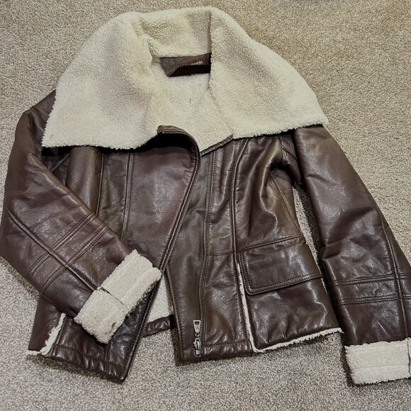 Danier Leather Bomber Jacket Brown Aviator Genuine Leather Shearling Collar Vtg - Picture 4 of 6